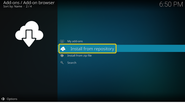 Screenshot, der die Option „Aus Repository installieren“ in Kodi zeigt.