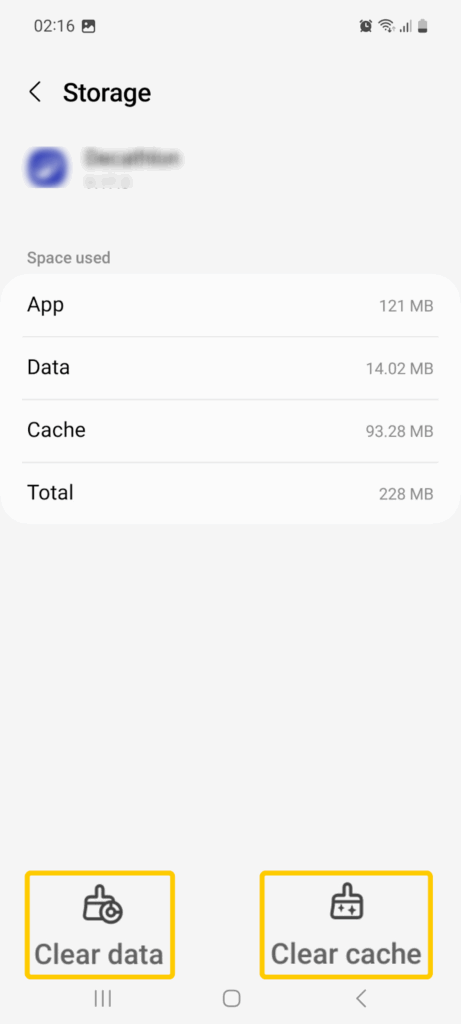 Screenshot of the Android "Storage" screen showing the "Clear cache" and "Clear data" buttons for the selected app.