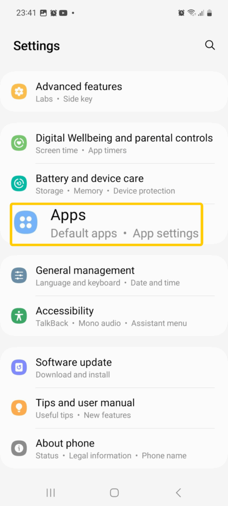 Screenshot of the Android settings menu showing where to find app settings.