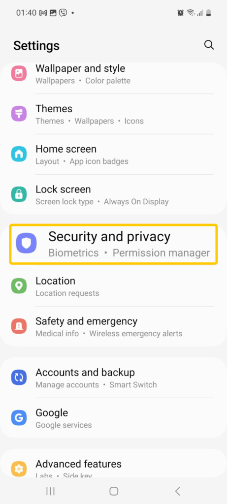 Screenshot of the Android settings menu showing the "Security and privacy" option.
