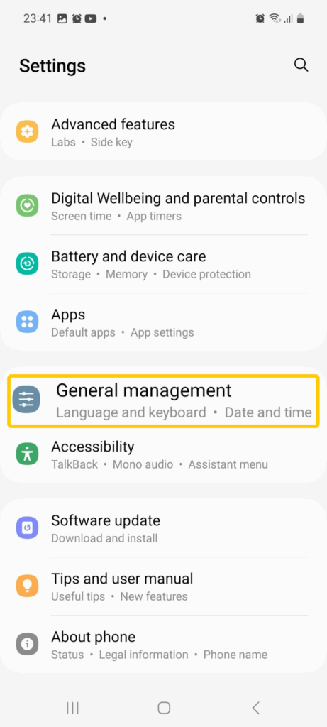 Screenshot of the Android settings menu showing the "General management" option.
