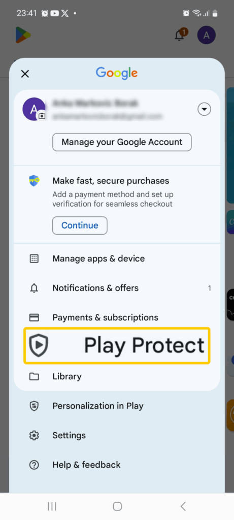 Screenshot of the Google Play Store menu on Android with the Play Protect option.