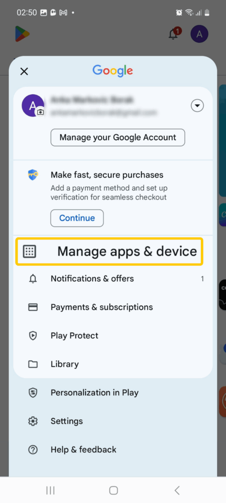 Screenshot of the Google Play Store menu showing the "Manage apps & device" option.