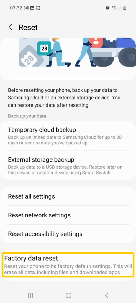 Screenshot of the Android "Reset" menu showing the "Factory data reset" option.