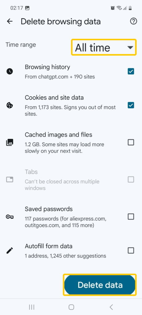 Screenshot of the "Delete browsing data" screen on Android showing the time range menu and the "Delete data" button.