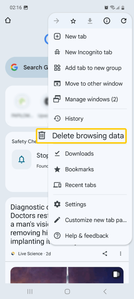 Screenshot of the browser menu on Android showing the "Delete browsing data" option.