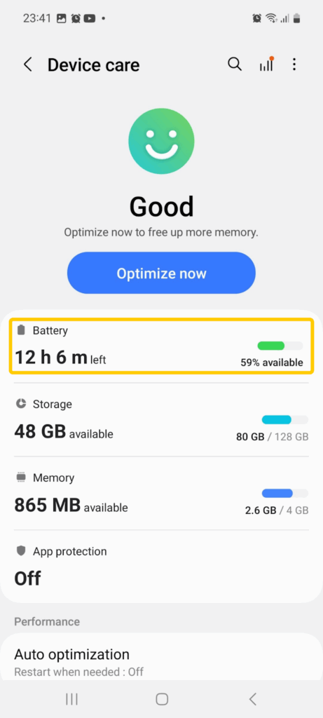 Screenshot of the Android Device care screen showing battery status and remaining time.