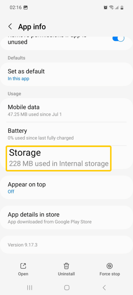 Screenshot of the Android "App info" screen showing the "Storage" option for the selected app.