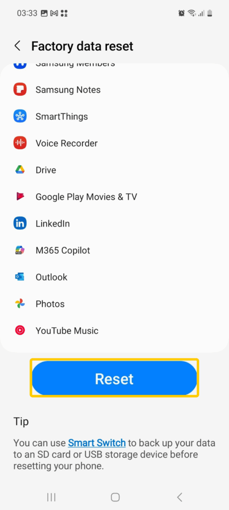 Screenshot of the "Factory data reset" screen on Android showing the blue "Reset" button.