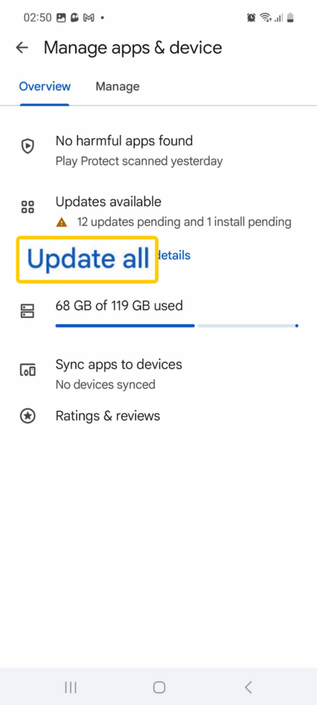 Screenshot of the Google Play Store "Manage apps & device" screen showing the "Update all" button