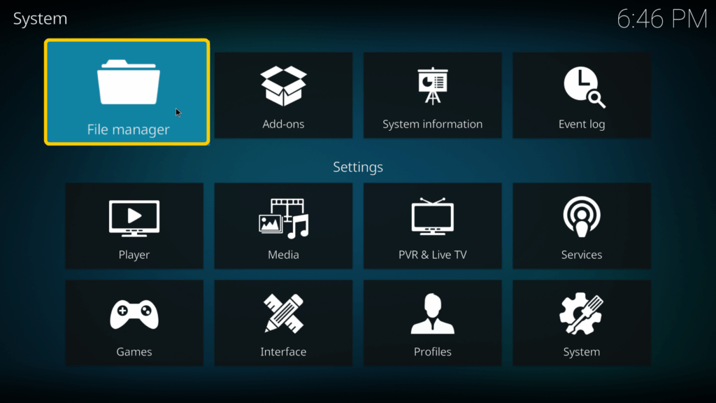 Screenshot mit der Option „Dateimanager“ in Kodi.