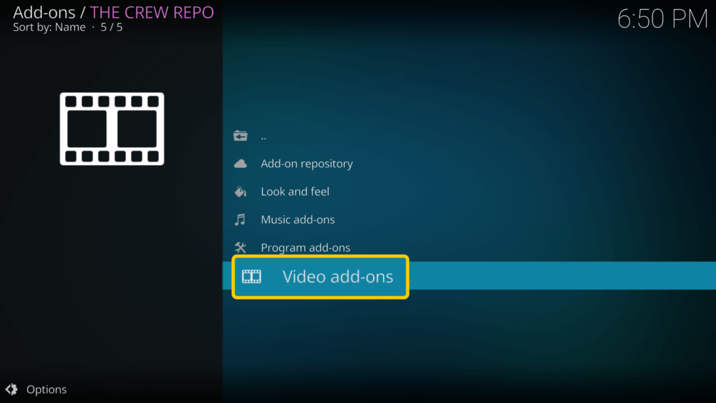 Screenshot, der die Option „Video-Add-ons“ in Kodi zeigt.