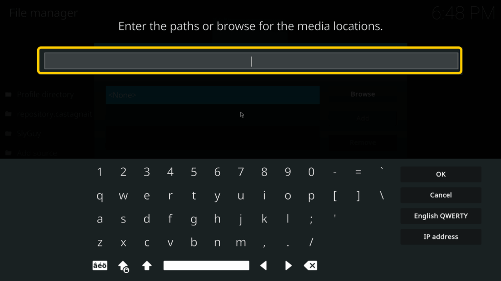 Screenshot, der das Feld „Repository-URL“ in Kodi zeigt.