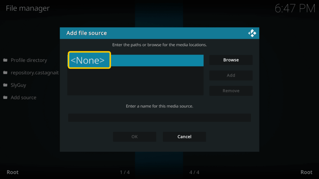 Screenshot, der „Dateiquelle hinzufügen, keine“ in Kodi zeigt.