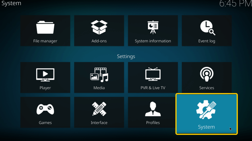 Screenshot, der die Systemeinstellungen in Kodi zeigt