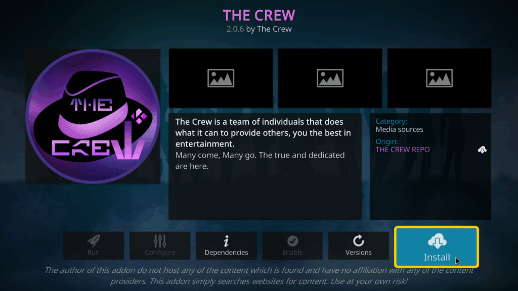 Screenshot, der die Installationsoption zum Installieren von „The Crew“ auf Kodi zeigt.