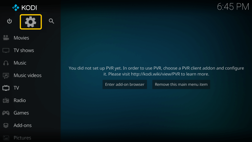 Screenshot, der das Zahnrad-Symbol für die Einstellungen in Kodi zeigt