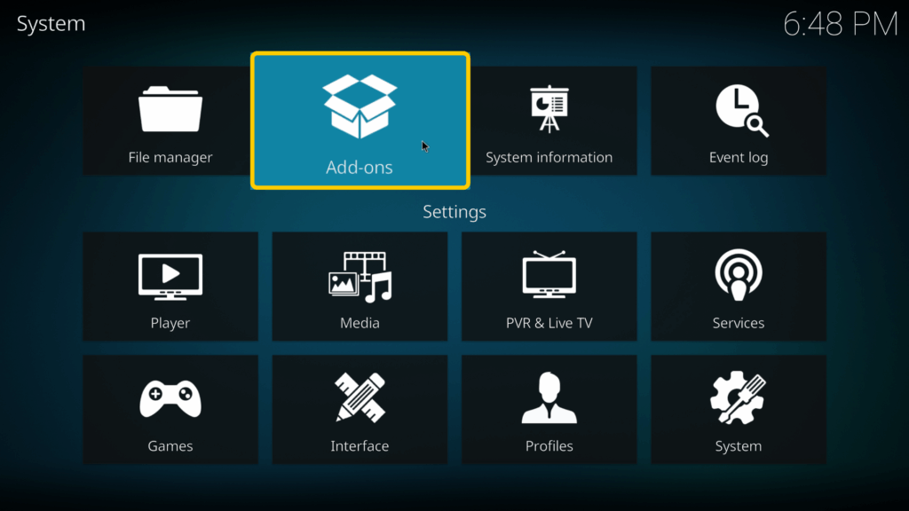 Screenshot, der die Option „Add-ons“ im Kodi-Dashboard zeigt.