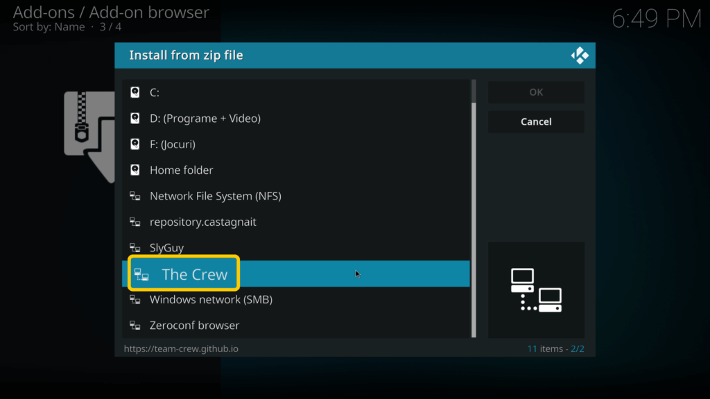 Screenshot, der das Hinzufügen des Add-ons „The Crew“ in Kodi zeigt.