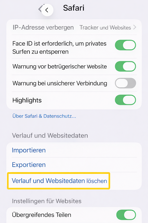 Das Safari-Einstellungsfeld, in dem du den Verlauf und die Websitedaten löschen kannst.