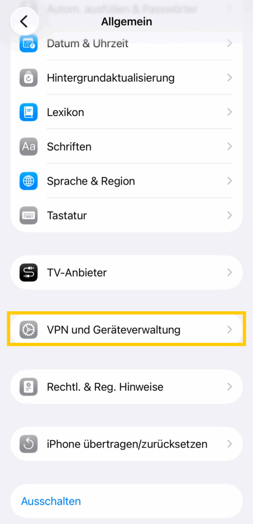 Ein Segment der iOS-Einstellungs-App, in dem VPN-Profile und Geräteverwaltungsprofile gespeichert werden.