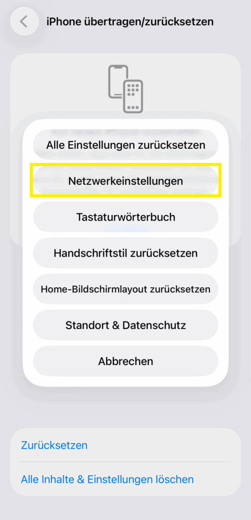 Die Optionen, die angezeigt werden, bevor du dich entscheidest, dein iPhone zurückzusetzen, konzentrieren sich auf das Zurücksetzen der Netzwerkeinstellungen.