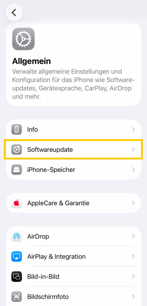 Das iPhone-Einstellungsmenü zeigt das Menü „Allgemein“, in dem die Softwareaktualisierung hervorgehoben ist.