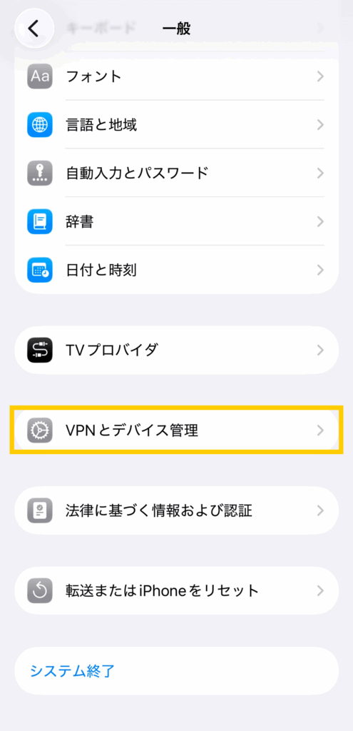 VPNプロファイルやデバイス管理プロファイルが保存されている、iOSの［設定］アプリ内の画面。
