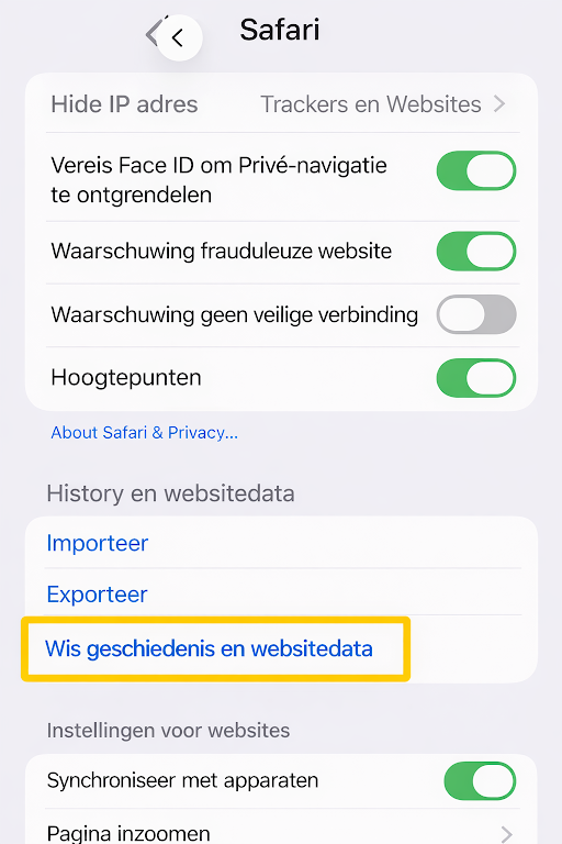 Het instellingenscherm van Safari waar je de browsegeschiedenis en websitegegevens kunt wissen.