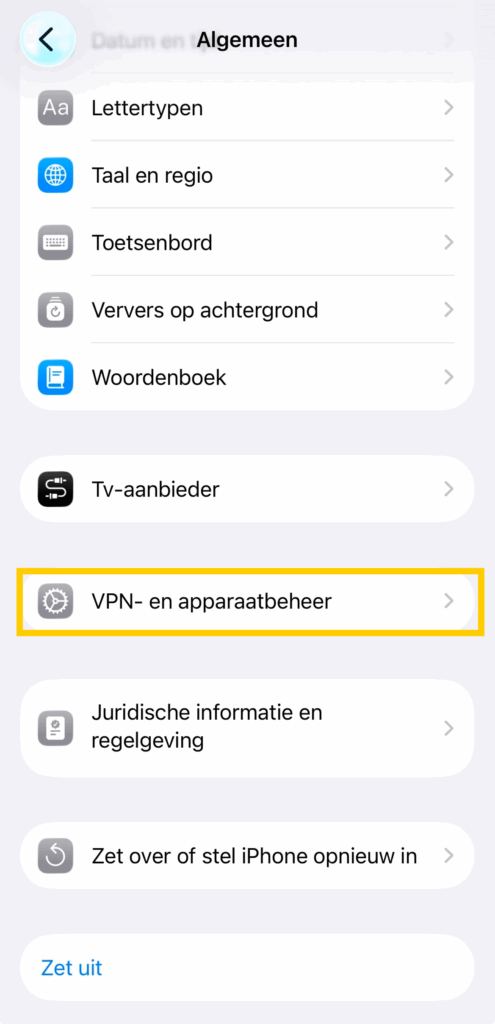 Een deel van de iOS-instellingen-app waar VPN-profielen en apparaatbeheerprofielen worden opgeslagen.
