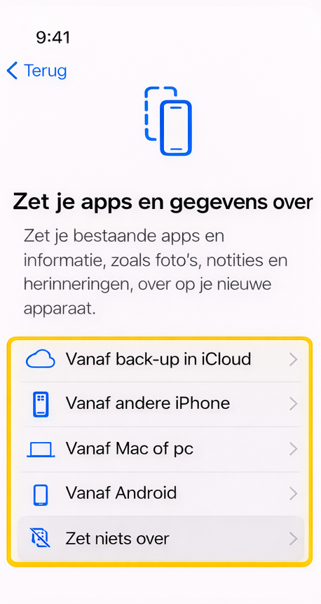  Een scherm dat verschijnt bij het instellen van een nieuwe iPhone, met opties om een ​​back-up terug te zetten.