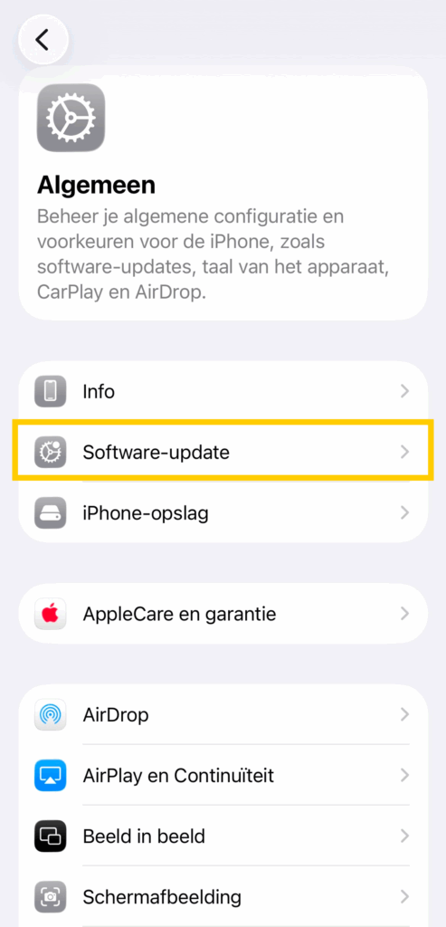 Het instellingenmenu van de iPhone toont het menu 'Algemeen', waarbij 'Software-update' is gemarkeerd.