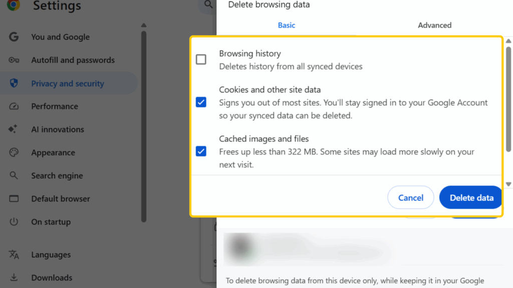 A screenshot showing how to delete cookies and cache on Google Chrome