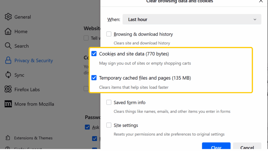 A screenshot showing how to delete cookies and cache on Firefox