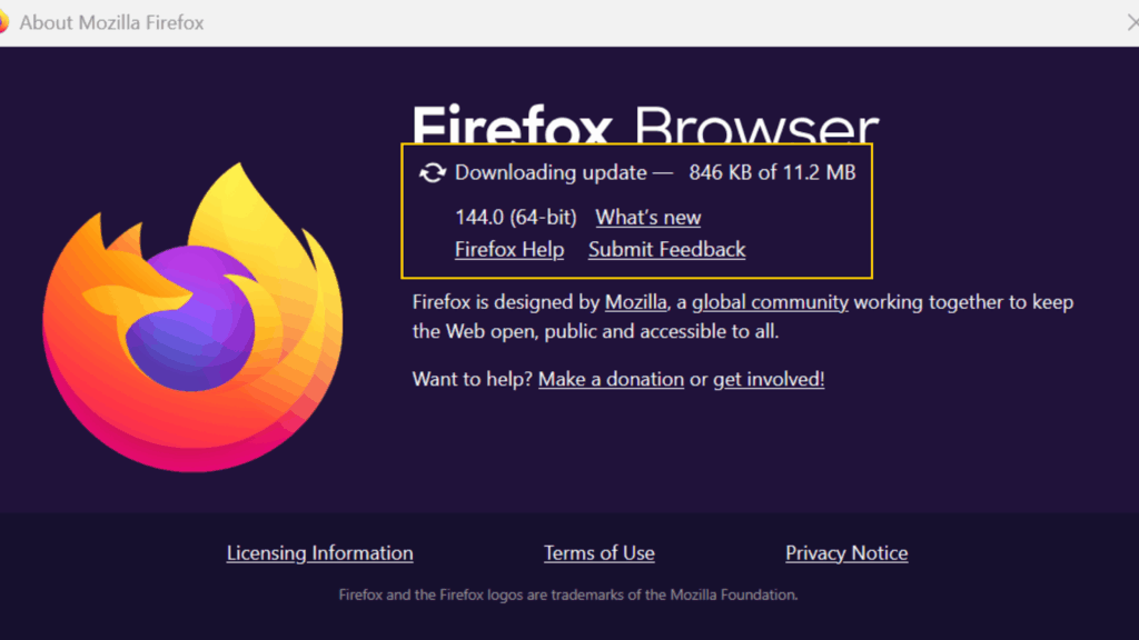 A screenshot showing how to check for browser updates on Firefox