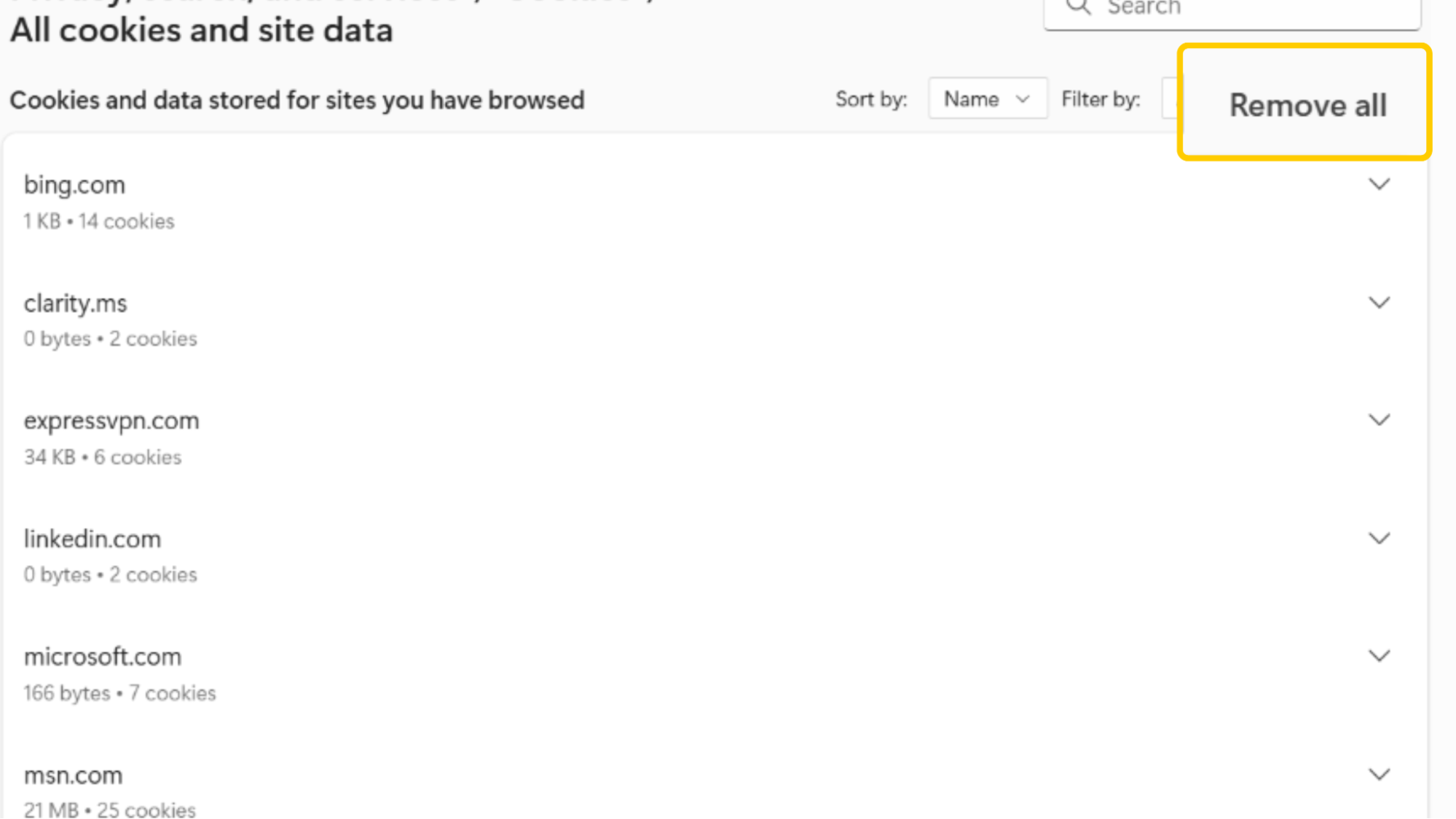 A screenshot showing how to delete cookies and cache on Microsoft Edge