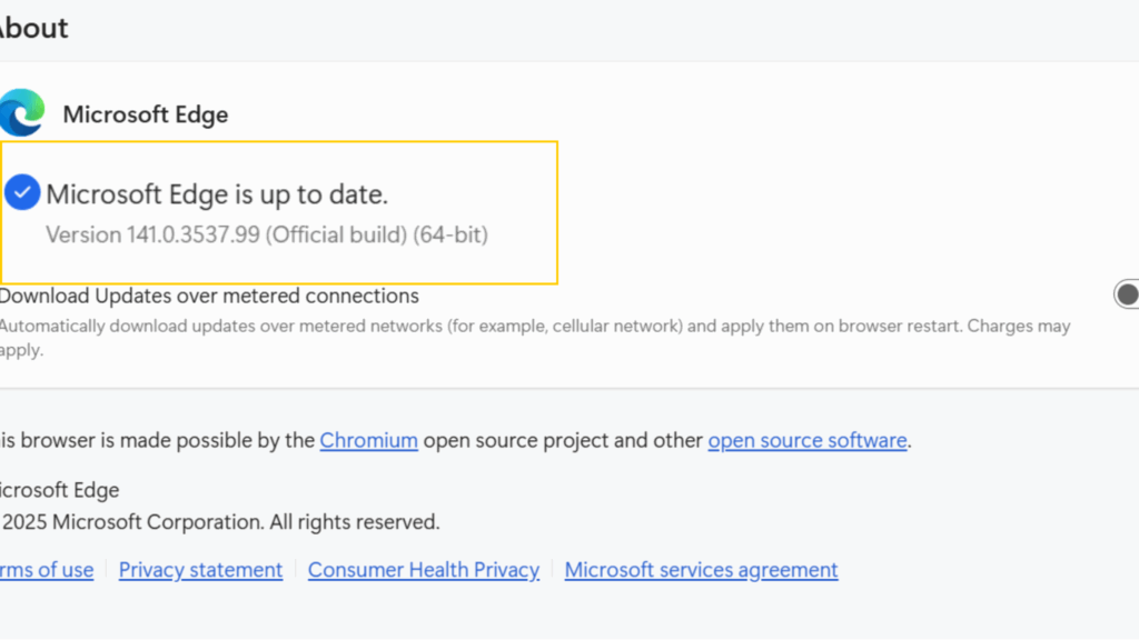 A screenshot showing how to check for browser updates on Microsoft Edge