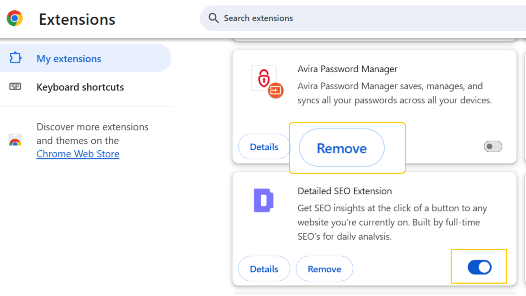 A screenshot showing how to remove or deactivate a browser extension on Google Chrome
