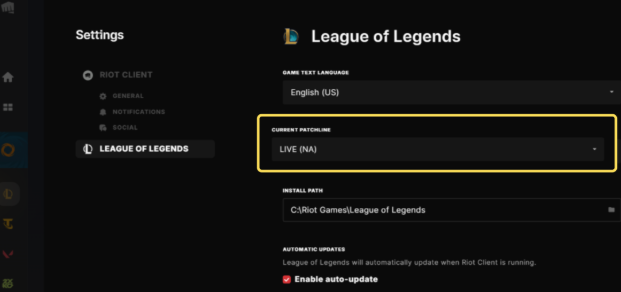 League of Legends settings screen with the LIVE (NA) region highlighted