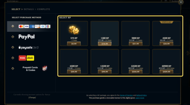 League of Legends store screen showing RP purchase options and prices