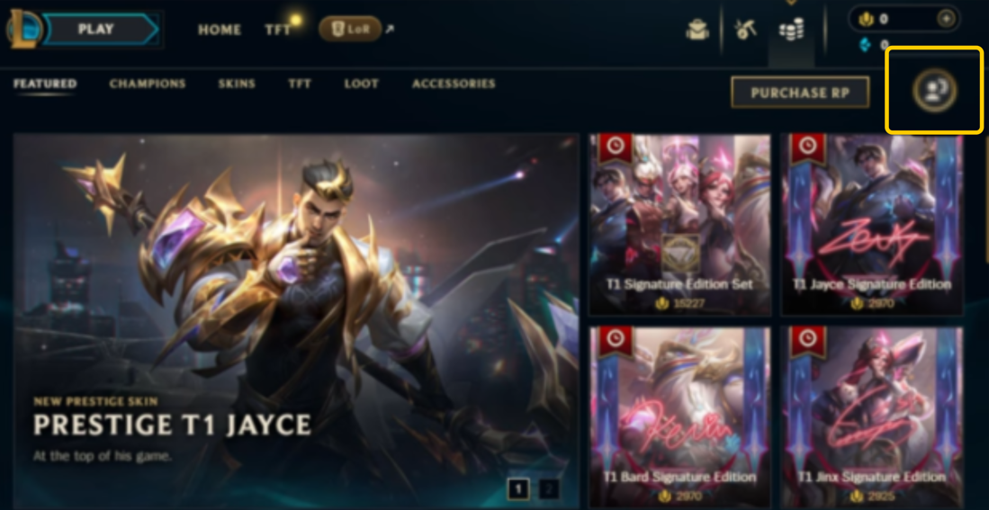 League of Legends store screen showing how to access your account