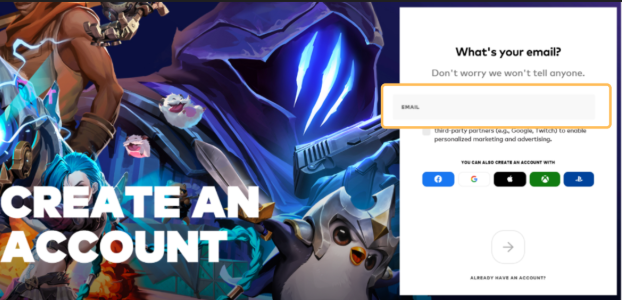 Riot Games account creation screen showing where to enter your email to sign up