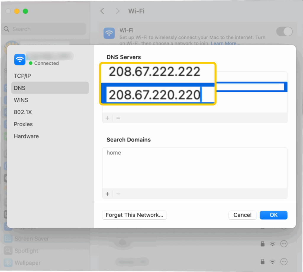 Screenshot of the page for adding a new DNS server on macOS. The DNS address fields show OpenDNS's addresses, and are enlarged and highlighted.