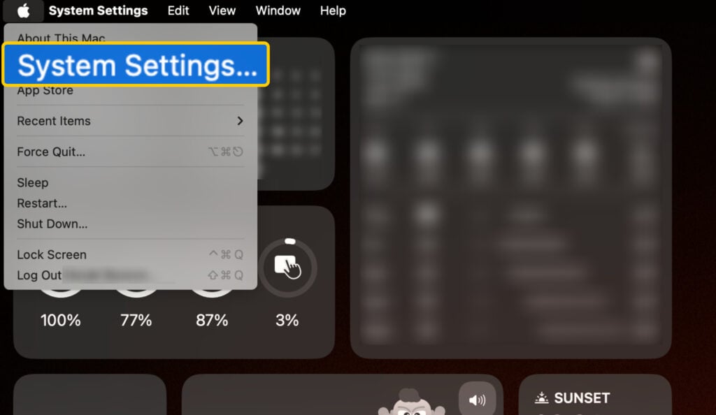 Screenshot showing the Apple menu on macOS, with the "System Settings" option highlighted and enlarged.