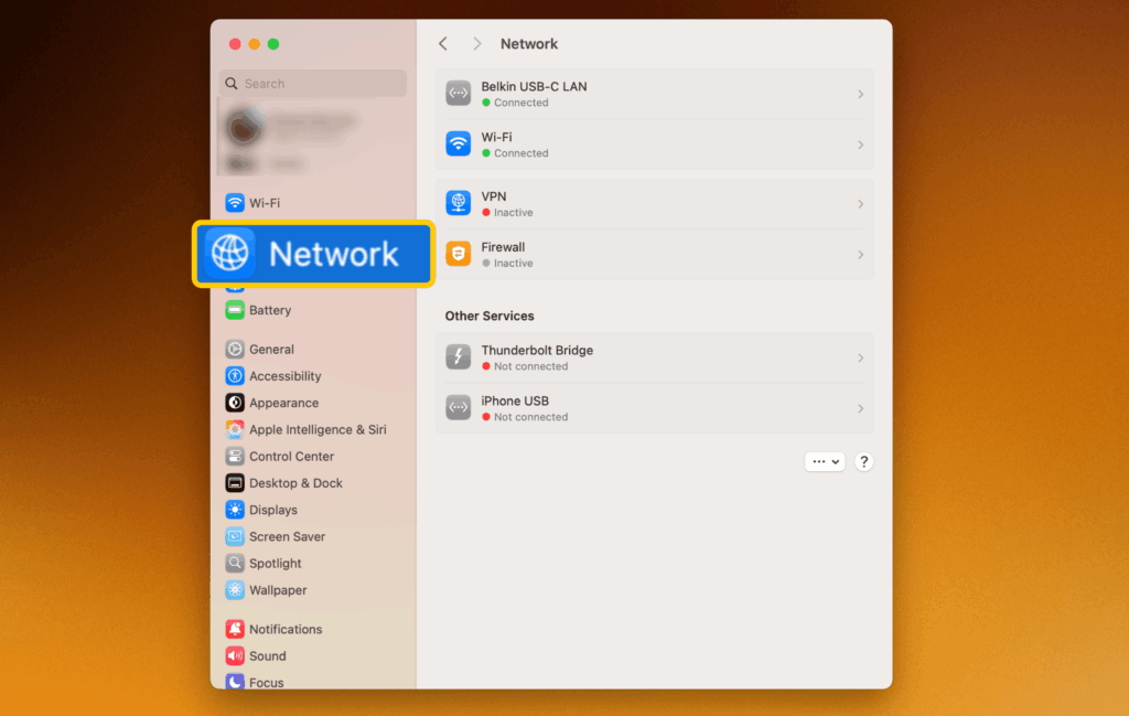 Screenshot showing the "System Settings" menu on macOS, with the "Network" option highlighted and enlarged.
