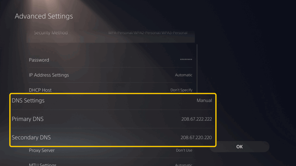 Screenshot of the "Advanced Settings" page on a PlayStation 5. The DNS settings and address fields are enlarged and highlighted.