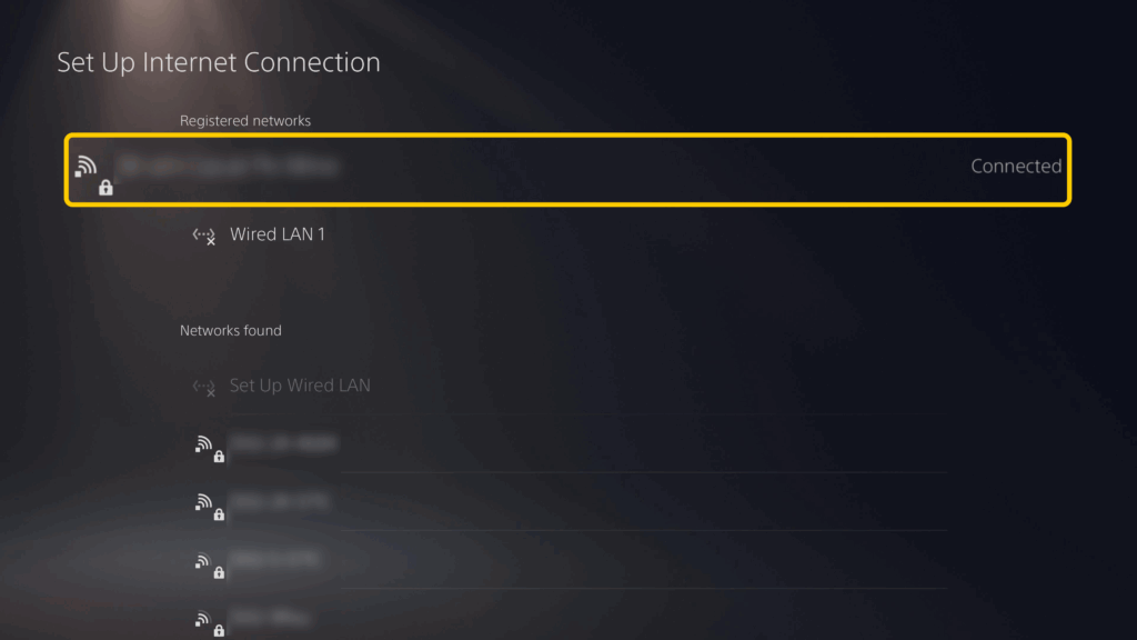 Screenshot of the PlayStation 5 page that shows active and available networks, with the active connection enlarged and highlighted.
