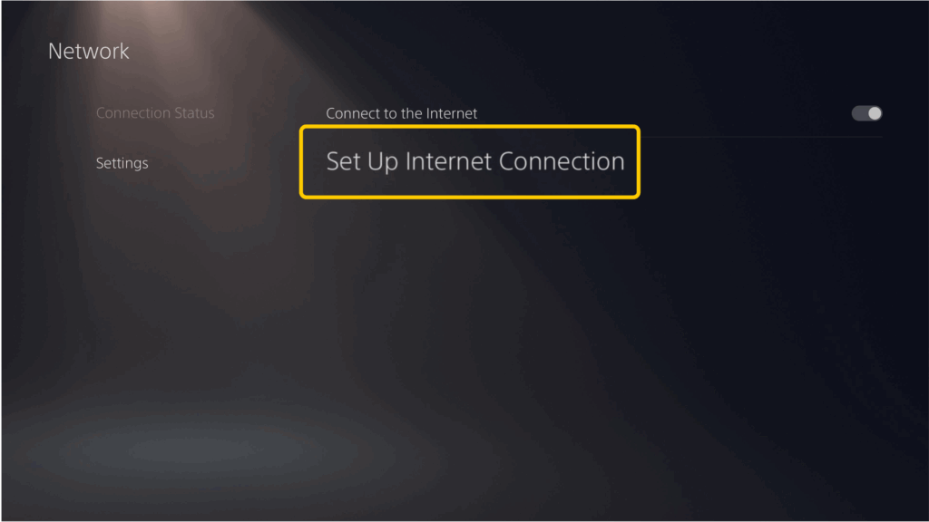 Screenshot of the Network page on a PlayStation 5, with the "Set Up Internet Connection" option enlarged and highlighted.
