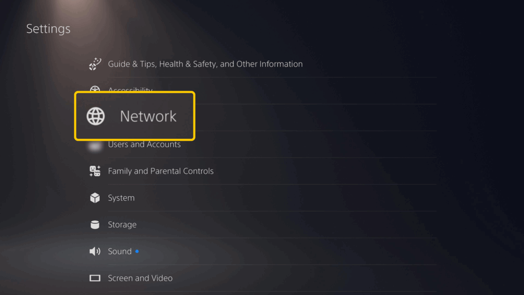 Screenshot of the Settings menu on a PlayStation 5, with the Network option enlarged and highlighted.