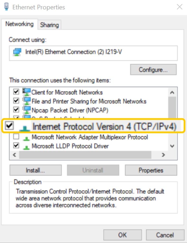 Screenshot of the "Ethernet Properties" window for a network adapter on Windows, with the "Internet Protocol Version 4 (TCP/IPV4)" option enlarged and highlighted.